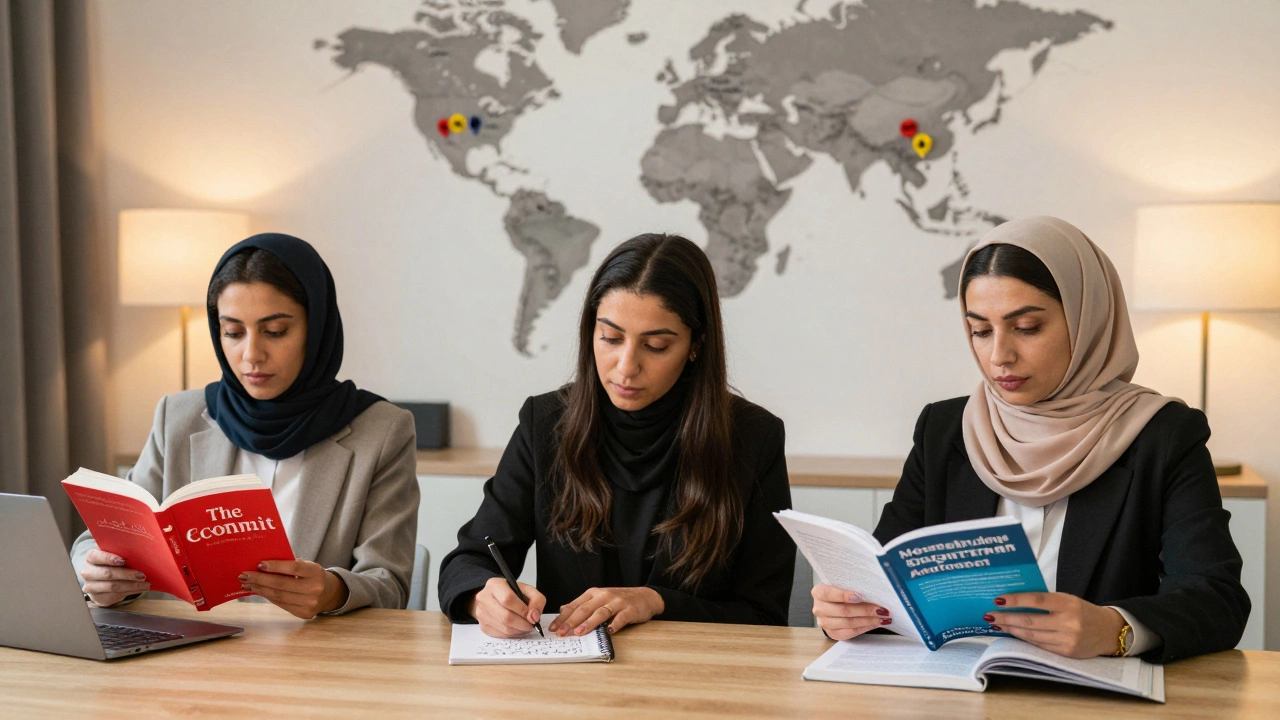 Three European women studying in a Dubai apartment, working with international publications and language materials.