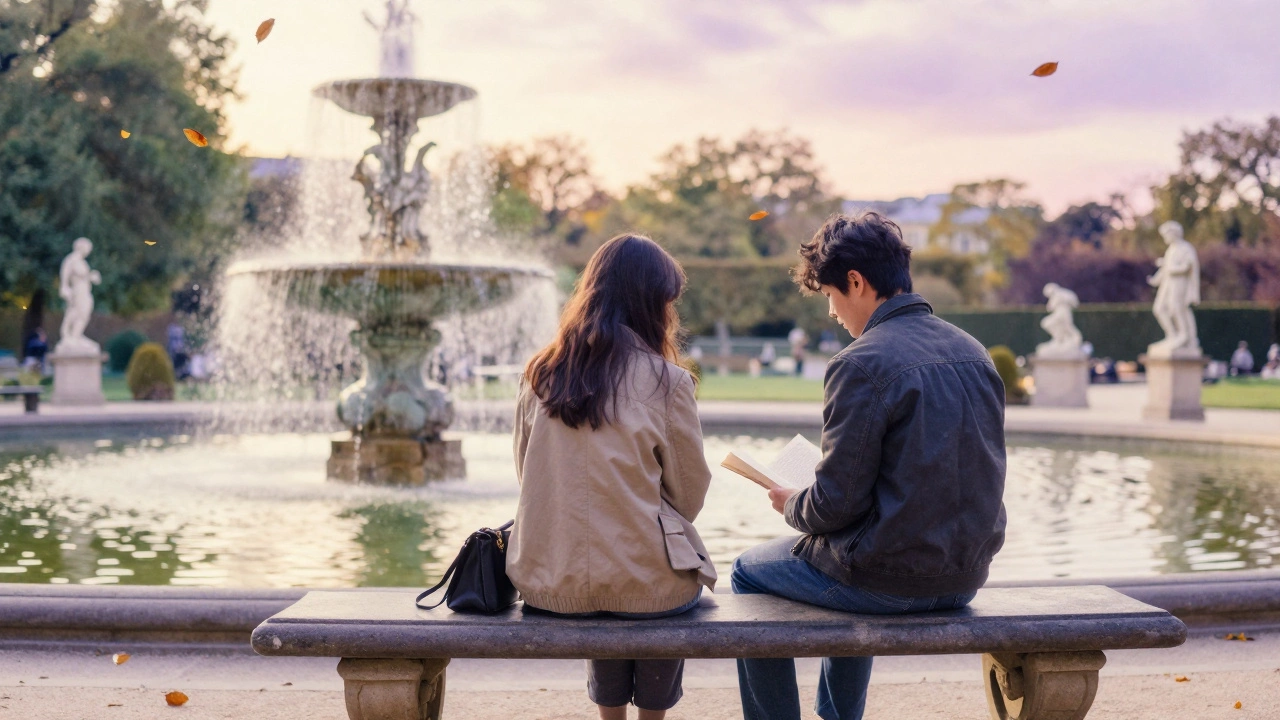 Two figures sit in silent companionship on a bench in Luxembourg Gardens at sunset, autumn leaves falling around them.