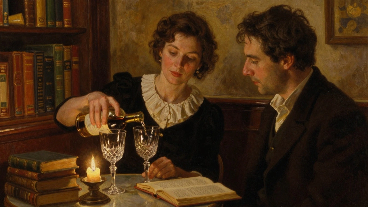Two people share a quiet wine in a cozy Parisian bistro, candlelight reflecting off books and crystal glasses.